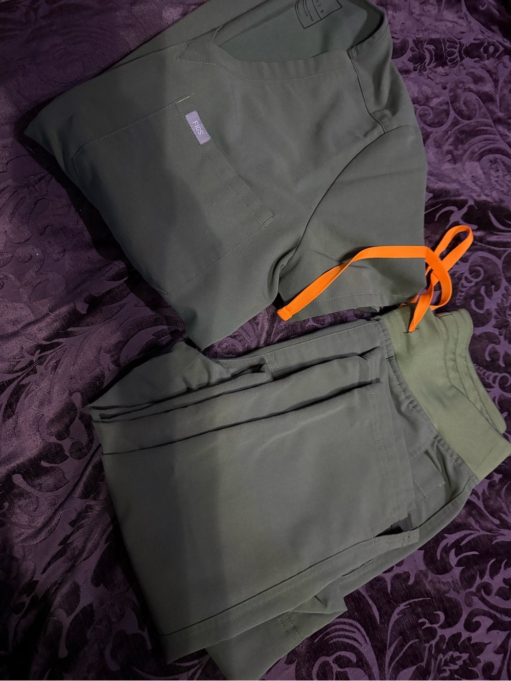 Figs Olive Green Scrub Set with Orange Drawstring
